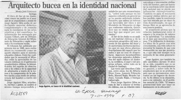 Arquitecto bucea en la identidad nacional  [artículo] María José González.