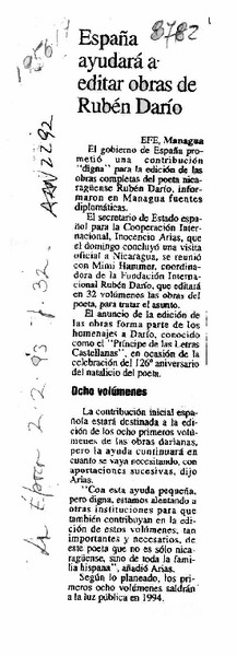 España ayudará a editar obras de Rubén Darío  [artículo].