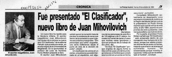Fue presentado "El clasificador", nuevo libro de Juan Mihovilovic  [artículo] Elías Barticevic.