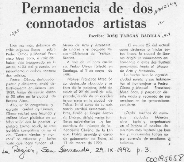 Permanencia de dos connotados artistas  [artículo] José Vargas Badilla.
