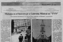 Mañana es el homenaje a Gabriela Mistral en TVN  [artículo].