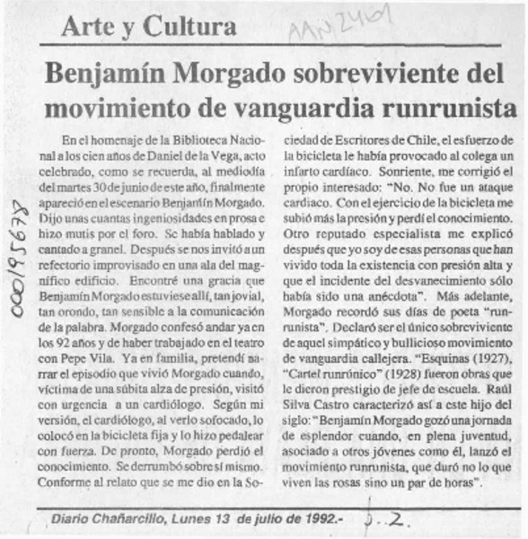 Benjamín Morgado, sobreviviente del movimiento de vanguardia runrunista  [artículo].