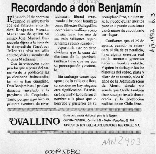 Recordando a don Benjamín  [artículo].
