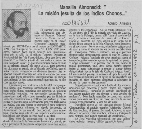 Mansilla Almonacid, "La misión jesuita de los indios Chonos"  [artículo] Adriano Améstica.