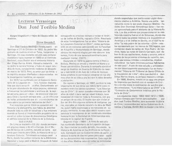 Don José Toribio Medina  [artículo] Héctor Quezada P.