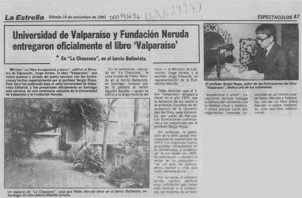 Universidad de Valparaíso y Fundación Neruda entregaron oficialmente el libro "Valparaíso"  [artículo].