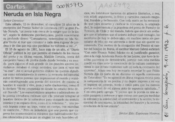 Neruda en Isla Negra  [artículo] Héctor Edo. Espinoza Viveros.