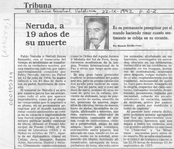 Neruda, a 19 años de su muerte  [artículo] Ricardo Triviño Frías.