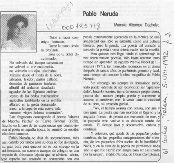 Pablo Neruda  [artículo] Marcela Albornoz Dachelet.