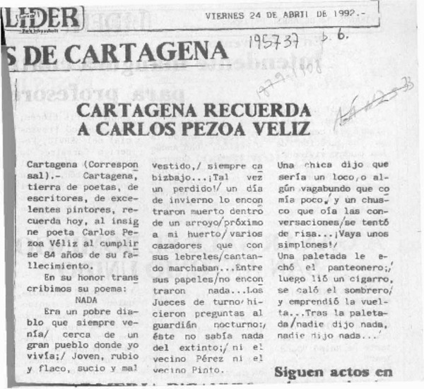 Cartagena recuerda a Carlos Pezoa Véliz  [artículo].