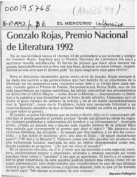 Gonzalo Rojas, Premio Nacional de Literatura 1992  [artículo] Marcelo Pellegrini.