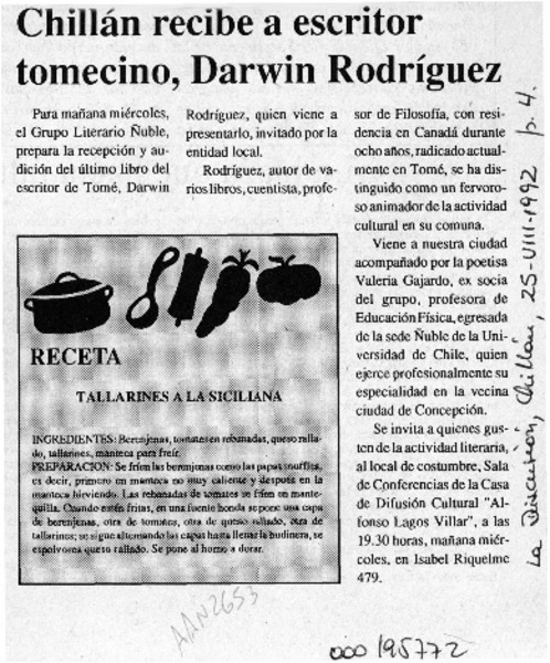 Chillán recibe a escritor tomecino, Darwin Rodríguez  [artículo].