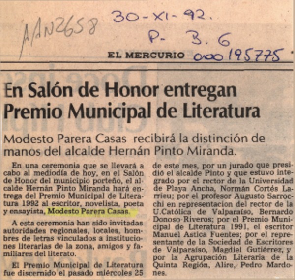 En Salón de Honor entregan Premio Municipal de Literatura  [artículo].