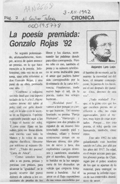 La poesía premiada, Gonzalo Rojas 92  [artículo] Alejandro Lara León.