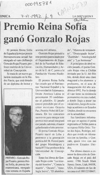 Premio Reina Sofía ganó Gonzalo Rojas  [artículo].
