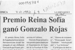 Premio Reina Sofía ganó Gonzalo Rojas  [artículo].