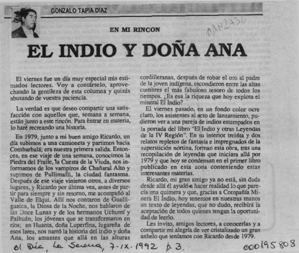 El indio y doña Ana  [artículo] Gonzalo Tapia Díaz.