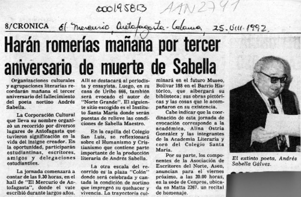 Harán romerías mañana por tercer aniversario de muerte de Sabella  [artículo].