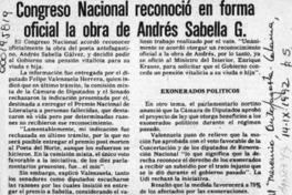 Congreso Nacional reconoció en forma oficial la obra de Andrés Sabella G.  [artículo].