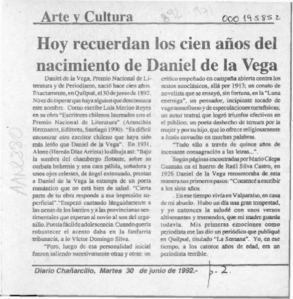 Hoy recuerdan los cien años del nacimiento de Daniel de la Vega  [artículo].