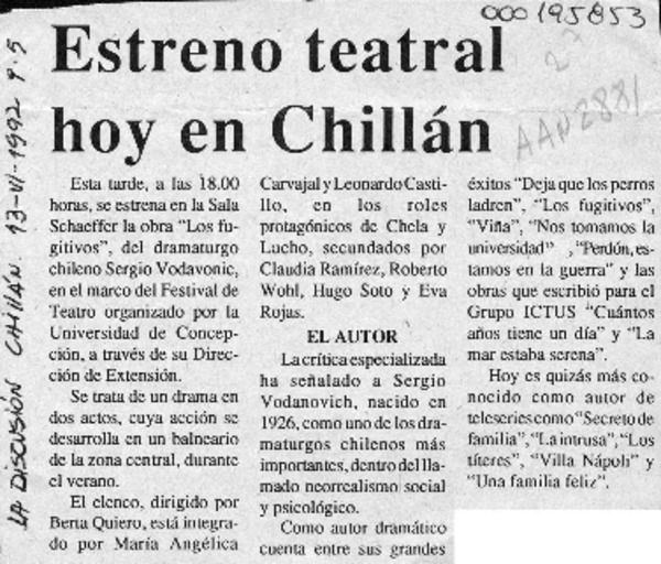 Estreno teatral hoy en Chillán  [artículo].