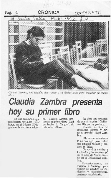 Claudia Zambra presenta hoy su primer libro  [artículo].