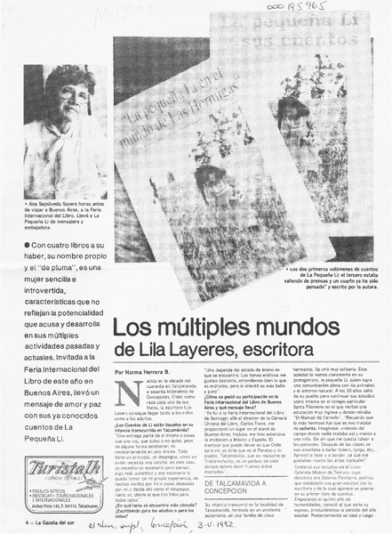 Los múltiples mundos de Lila Layeres, escritora  [artículo] Norma Herrera B.