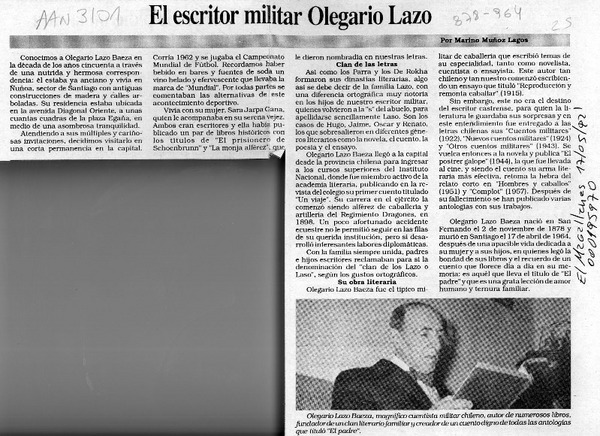 El escritor militar Olegario Lazo  [artículo] Marino Muñoz Lagos.