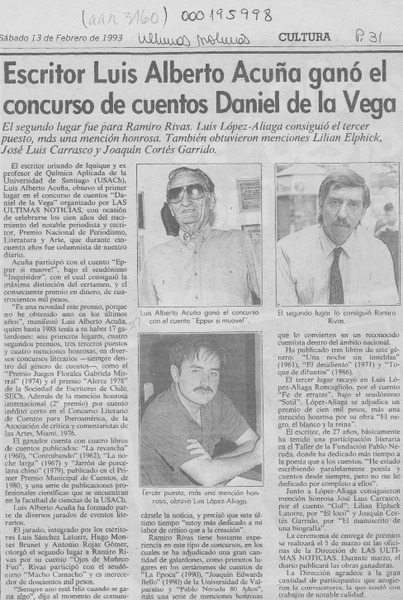 Escritor Luis Alberto Acuña ganó el concurso de cuentos Daniel de la Vega