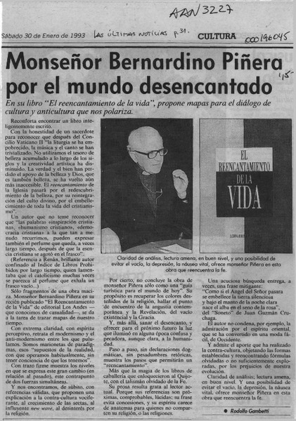 Monseñor Bernardino Piñera por el mundo desencantado  [artículo] Rodolfo Gambetti.