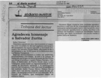 Agradecen homenaje a Salvador Zurita  [artículo] María Elena Zurita Mella.