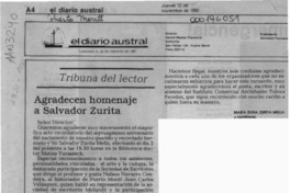Agradecen homenaje a Salvador Zurita  [artículo] María Elena Zurita Mella.