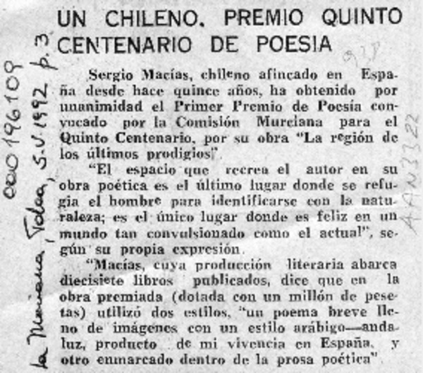 Un Chileno, Premio Quinto Centenario de Poesía  [artículo].