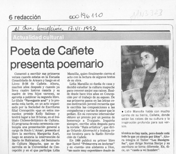 Poeta de Cañete presenta poemario  [artículo].