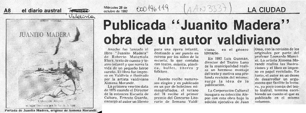 Publicada "Juanito Madera" obra de un autor valdiviano  [artículo].