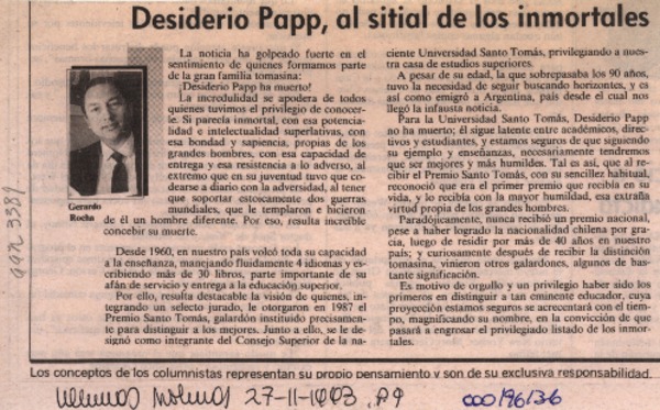Desiderio Papp, al sitial de los inmortales  [artículo] Gerardo Rocha.