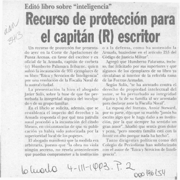 Recurso de protección para el capitán (R) escritor  [artículo].