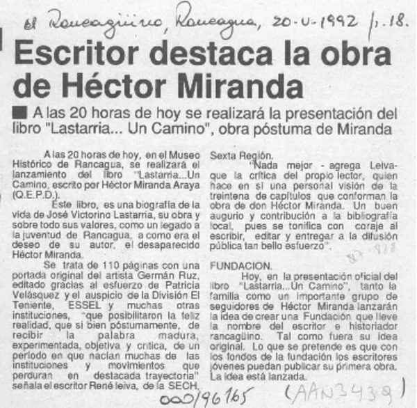 Escritor destaca la obra de Héctor Miranda  [artículo].