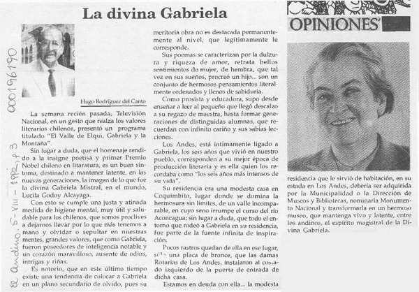 La Divina Gabriela  [artículo] Hugo Rodríguez del Canto.