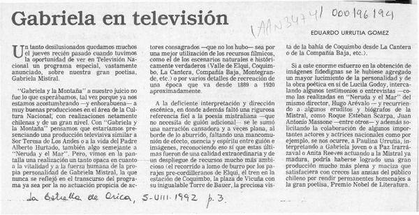 Gabriela en televisión  [artículo] Eduardo Urrutia Gómez.