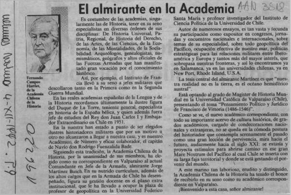 El almirante en la Academia  [artículo] Fernando Campos Harriet.