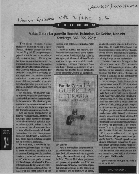 Faride Zerán "La guerrilla literaria"  [artículo] David Fuentealba L.