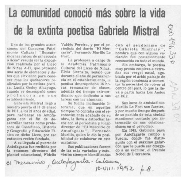 La Comunidad conoció más sobre la vida de la extinta poetisa Gabriela Mistral  [artículo].
