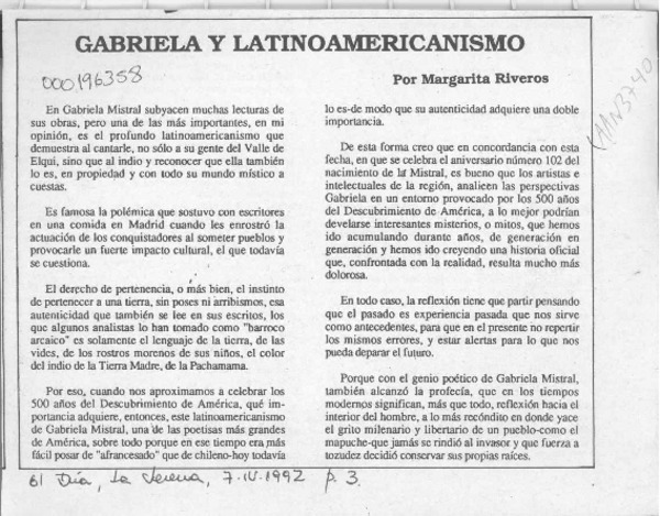 Gabriela y latinoamericanismo  [artículo] Margarita Riveros.