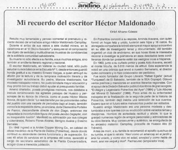 Mi recuerdo del escritor Héctor Maldonado  [artículo] Oriel Alvarez Gómez.