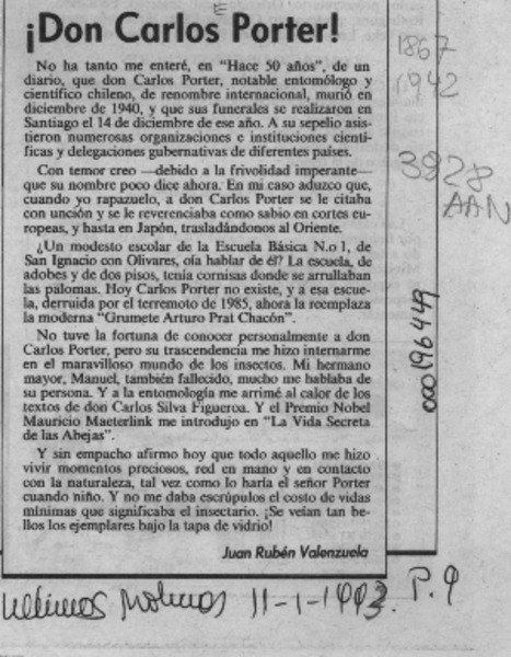 Don Carlos Porter!  [artículo] Juan Rubén Valenzuela.