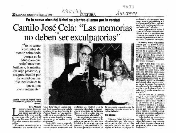Camilo José Cela, "Las memorias no deben ser exculpatorias"  [artículo].