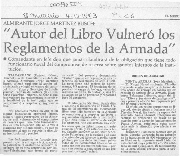 "Autor del libro vulneró los reglamentos de la Armada"  [artículo] Patricio Gómez Couchot.