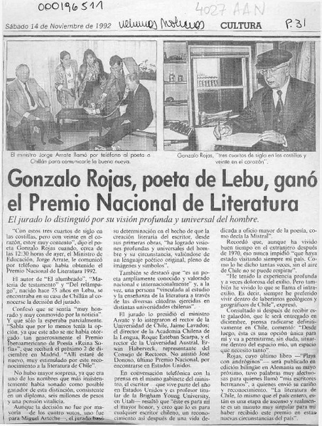 Gonzalo Rojas, poeta de Lebu, ganó el Premio Nacional de Literatura  [artículo].