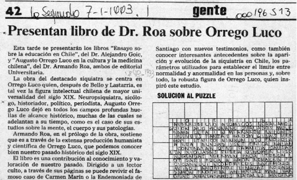 Presentan libro de Dr. Roa sobre Orrego Luco  [artículo].